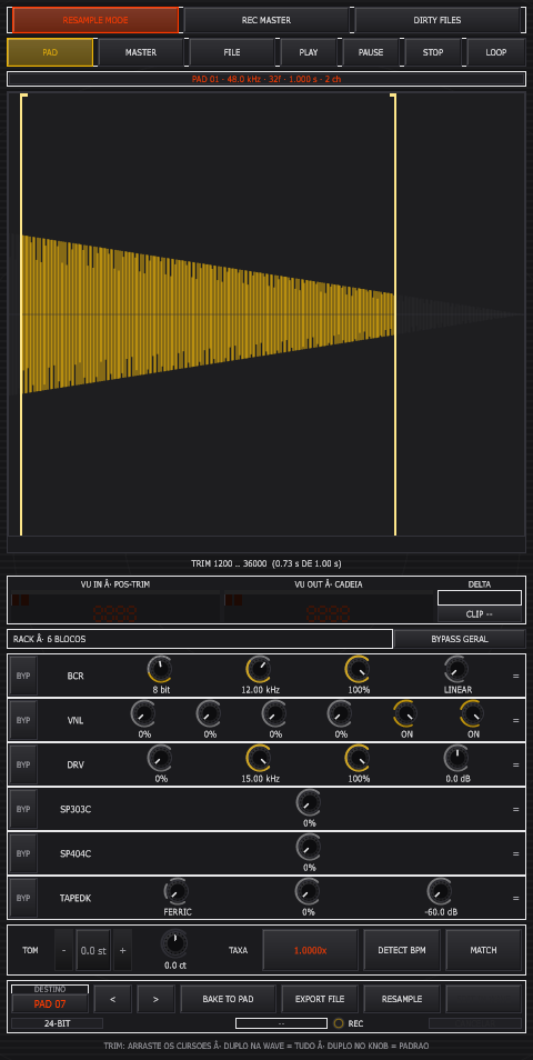 DIRTY com rack de 6 blocos e waveform