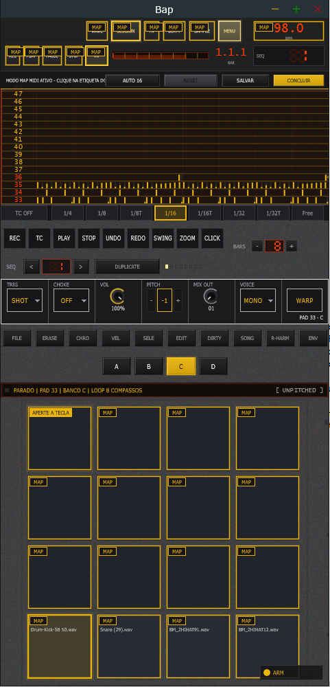 O mapa MIDI aprendido na tela