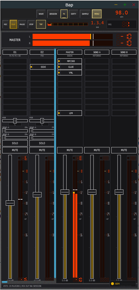MIX/FX com strips, racks, faders e medidores